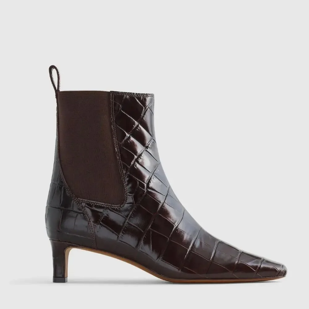 Madewell Dimes Coffee Bean Brown Croc Leather Chelsea Boot Kitten Heel Boots 8